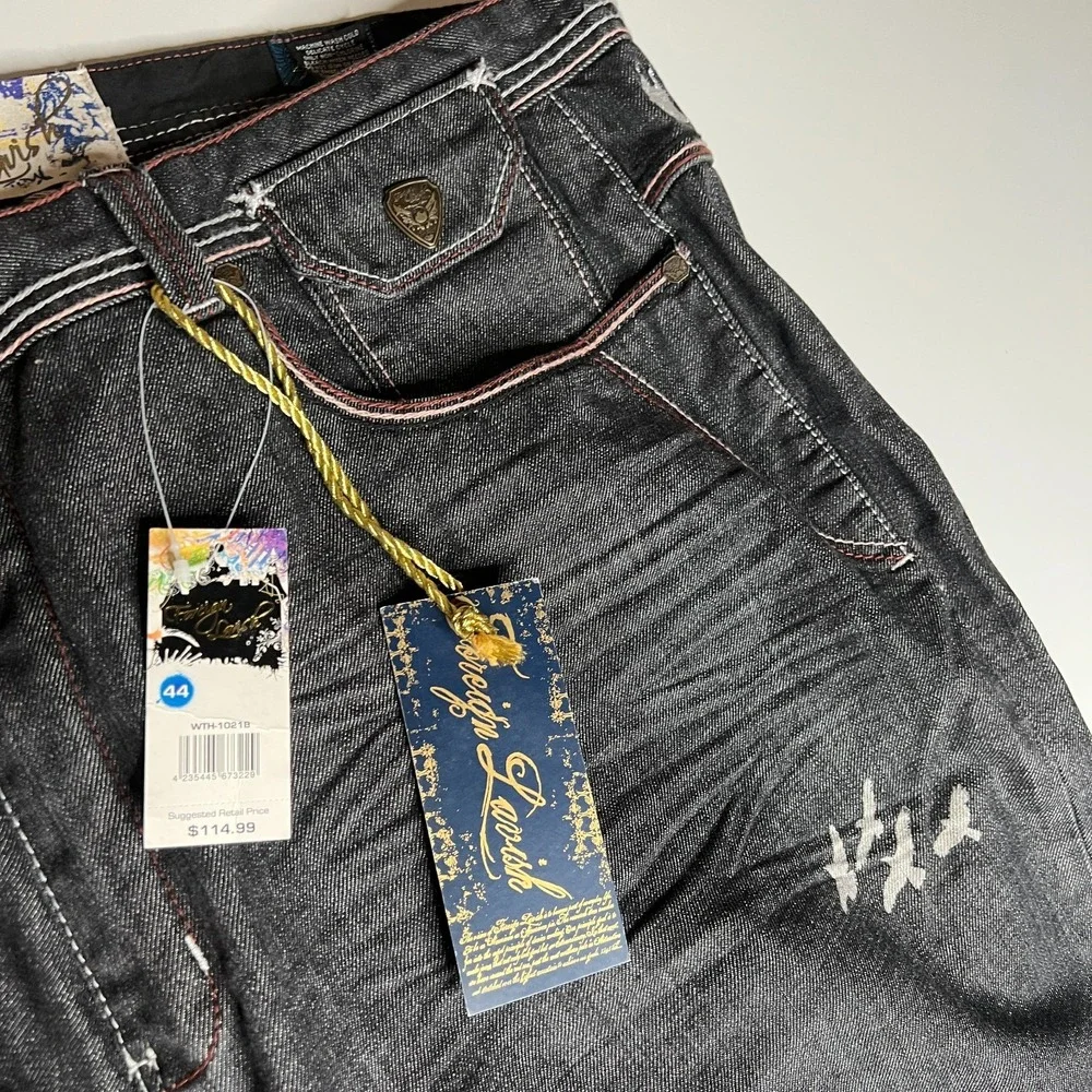 Foreign Lavish Mens 44 Dark Wash Baggy Denim Jeans Gun Embroidery Y2K Streetwear